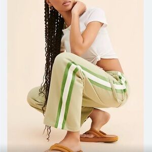 Anthropologie Green Track Pants with White and Red Accents